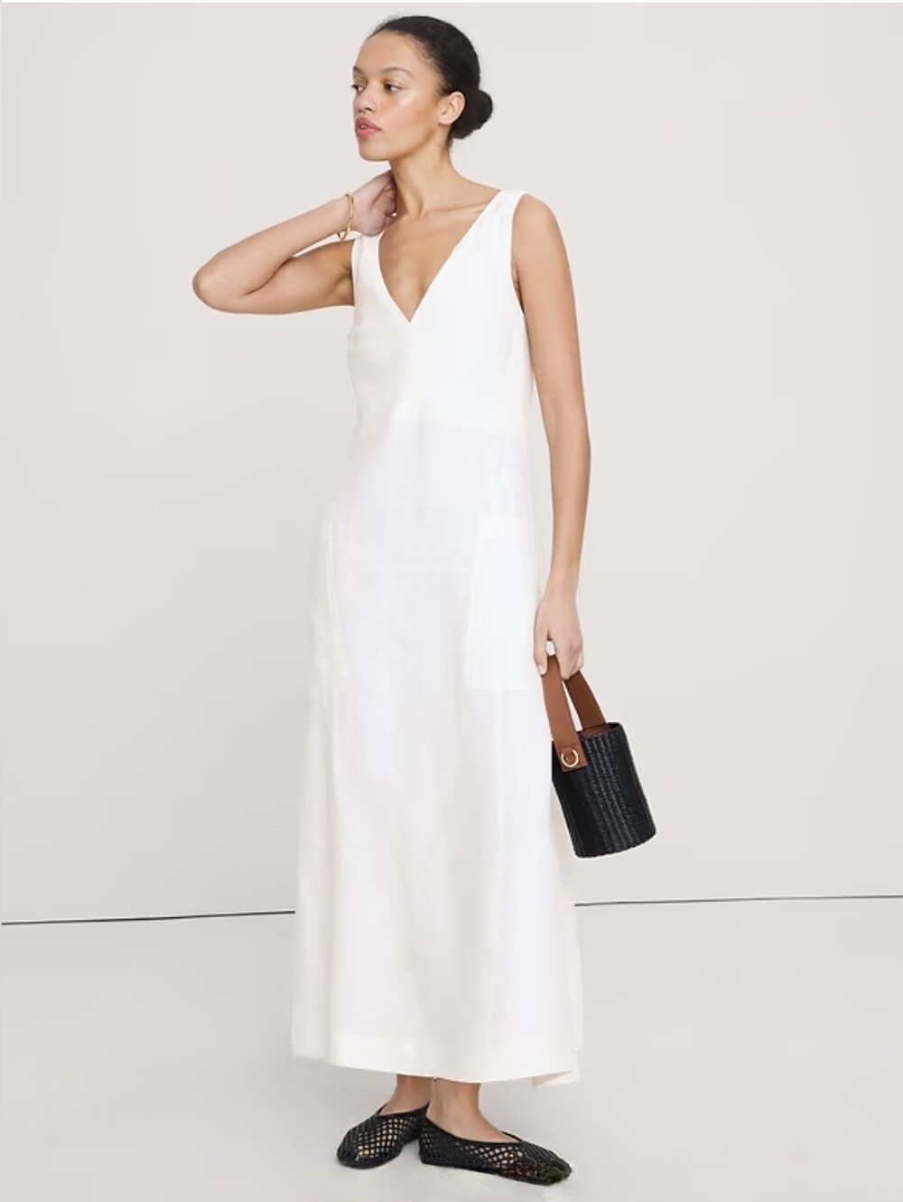 NWT Banana Republic Magnolia Flower Ivory Linen Pocket Maxi Dress Size XL